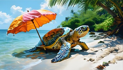 Serene Turtle Relaxing Under Colorful Umbrella on Picturesque Tropical Beach