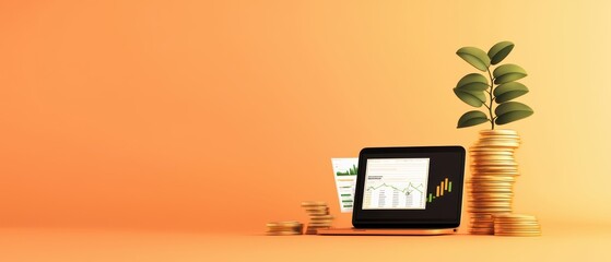 Laptop with financial growth charts, money stacks, and plant on orange background.