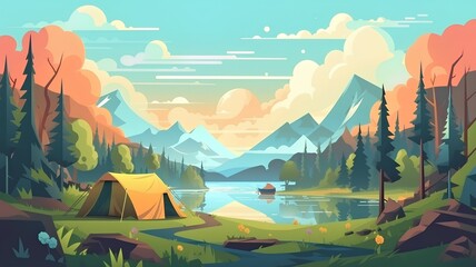 Beautiful landscape with mountains, lake, forest and camping tent. Vector illustration