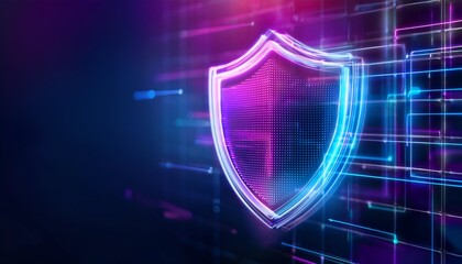 a digital shield icon glowing in vibrant colors, symbolizing security and protection in a high-tech 