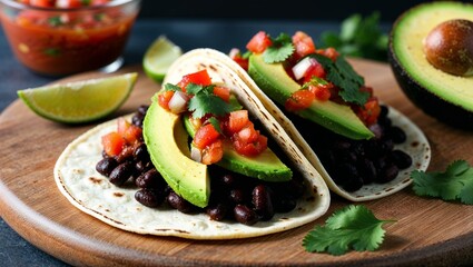 Black bean tacos with salsa and avocado closeup