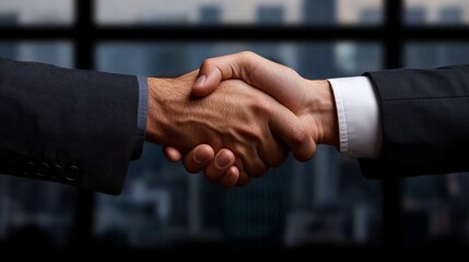 Handshake of Success: A powerful close-up of two businessmen shaking hands, symbolizing a successful deal, partnership, or agreement.