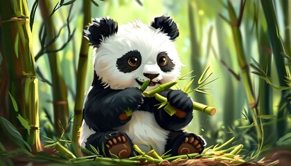 Wall Mural - Playful Panda Enjoying Bamboo in a Vibrant Forest Oasis