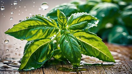 Canvas Print - Fresh basil leaves with water droplets closeup