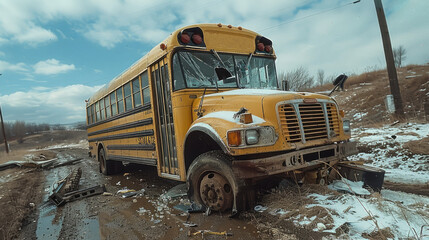 A school bus crash involving a delivery truck.