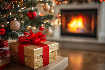 A beautifully wrapped gift sits under a decorated Christmas tree, with a cozy fireplace glowing softly in the background.