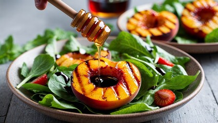 Grilled peach salad with honey balsamic closeup