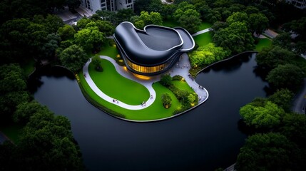 Modern Architecture Oasis: A contemporary building with a sleek, organic design stands majestically amidst a lush green landscape. Its unique form and surrounding nature create a serene and inspiring 