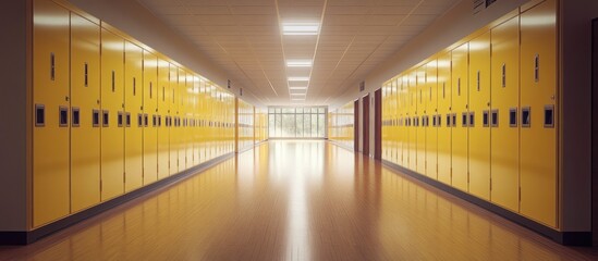 Wall Mural - Empty School Hallway with Yellow Lockers