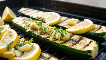 Canvas Print - Grilled zucchini with lemon garlic marinade closeup