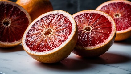 Canvas Print - Halved grapefruit with vibrant pink flesh closeup