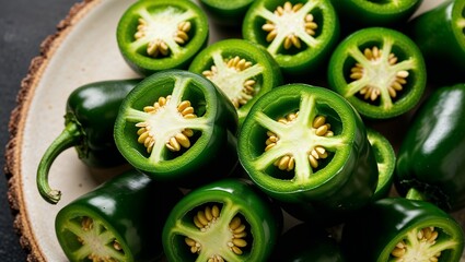 Canvas Print - Halved jalapeno peppers with seeds visible closeup