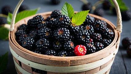 Poster - Juicy blackberries in a wooden basket closeup