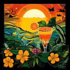 Wall Mural - COLORFUL ILLUSTRATION OF A VIEW WITH COCKTAIL.