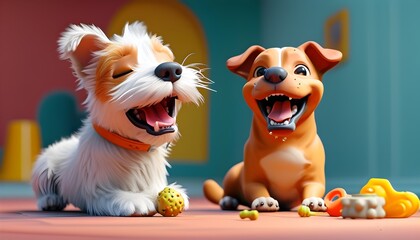 Playful Dog Enthusiastically Chewing Colorful Squeaky Toy in Dynamic 3D Environment