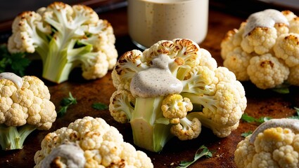 Canvas Print - Roasted cauliflower with tahini dressing closeup