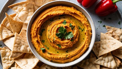 Canvas Print - Roasted red pepper hummus with pita chips closeup