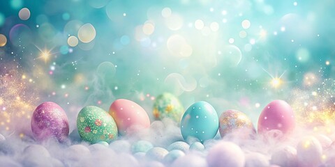 Wall Mural - Pastel Easter Eggs in a Dreamy Setting with Sparkling Lights and Soft Clouds