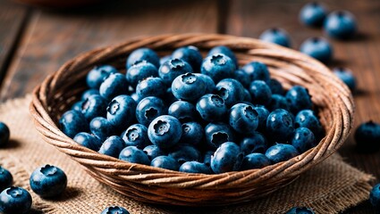 Wall Mural - Sweet blueberries in a rustic basket closeup