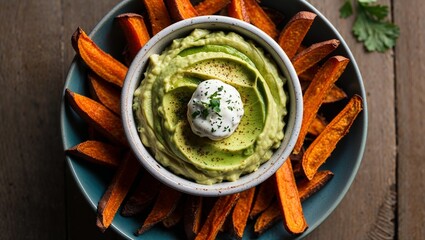 Canvas Print - Baked sweet potato fries with avocado dip closeup