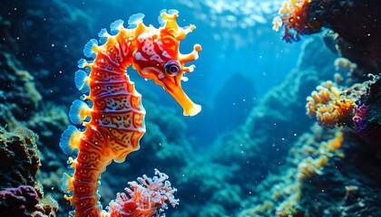 Whimsical Seahorse Journeys Through a Lively Coral Reef in an Underwater Paradise