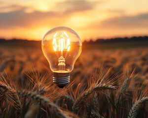 Solar-powered light bulb floating above golden wheat fields at sunrise, representing renewable energy and modern agriculture