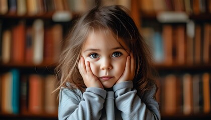 Wall Mural - Grumpy little girl showcasing childhood emotions in a cozy library, hands on cheeks and a playful pout