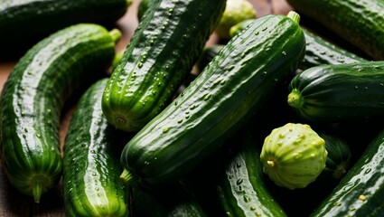 Wall Mural - Whole cucumbers with smooth green skin closeup