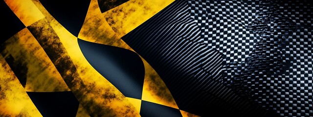 Abstract checkered pattern with yellow, black, and white colors, wavy and grunge-inspired, in a dark background.