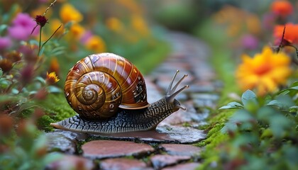 Adventurous Snail Exploring Colorful Garden Trail with Whimsical Backpack