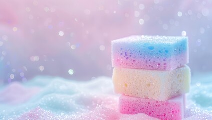 Three colorful kitchen sponges for washing dishes on the table, close-up, stock photo, with a pink and blue background, blurred background, copy space concept.