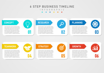 Wall Mural - 6 steps business infographic template white square letters on the left numbers on the right square top left acute angle multi colored with text in the middle The circle on the right has an icon.