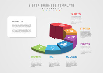Wall Mural - 3D Infographic Template 6 Step Business Plan Multicolored Curved Arrows Divided Into Different Levels At the top there is a white icon with text around the outside. The left square has letters.