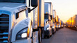 © MarkFinal - Efficient semi truck fleet lined up at logistics hub during sunset, showcasing importance of transportation in supply chain management