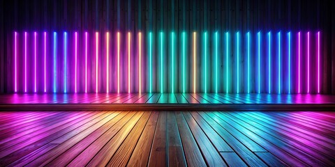 Neon lights illuminate a wooden platform with a raised stage in a dark room