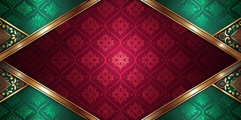Wall Mural - Ornate red and green floral patterned background with gold accents and a geometric design