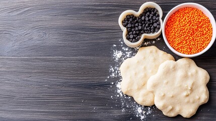 A festive Halloween cookie preparation scene with spider-shaped dough cutters, orange sprinkles, and dark chocolate chips on a black wooden table with ample copy space for text