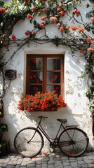 
a vintage travel post card, Beneath the golden Italian sun a old bicycle rests gently against the wall of a weathered white house