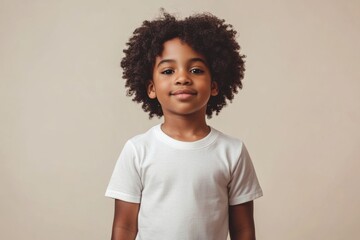 Wall Mural - cute black boy child in white t-shirt mockup smiling against beige studio background