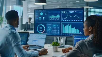 diverse team of data scientists analyzing information and graphs on big digital screen in modern mon