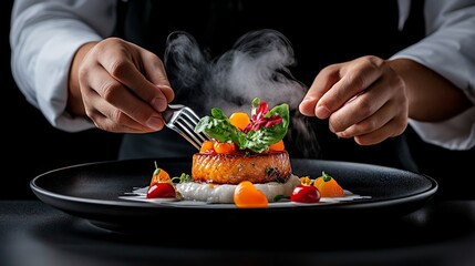 Chef's Precision: A culinary masterpiece takes shape as a chef artfully arranges a salmon dish, steam rising from the plate.  The image showcases fine dining, exquisite plating.