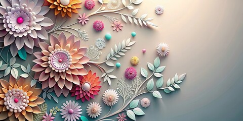Wall Mural - A vibrant display of delicate paper flowers, each meticulously crafted with intricate details, arranged on a neutral background, creating a captivating floral composition.