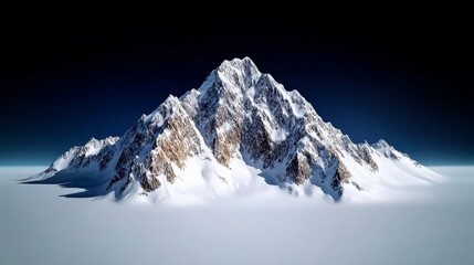 Majestic Mountain Peak: A solitary, snow-capped mountain rises dramatically against a deep blue sky, its rugged beauty and imposing presence evoking a sense of awe and wonder. The peak.