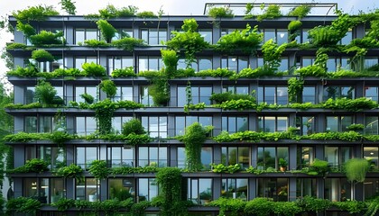 Urban jungle: towering skyscraper adorned with lush greenery and flourishing plants sprouting from countless windows