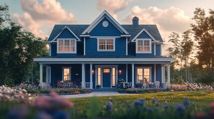 luxury family house with landscaping on the front and blue sky on background