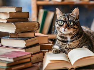 Curious Feline Scholar Surrounded by Stacks of Books in Home Library