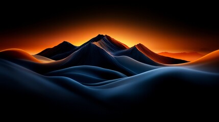 Mountainous Sunset: A dramatic silhouette of a mountain range bathed in the fiery glow of a setting sun, creating a stunning abstract landscape with deep blue hues and vibrant orange accents. 