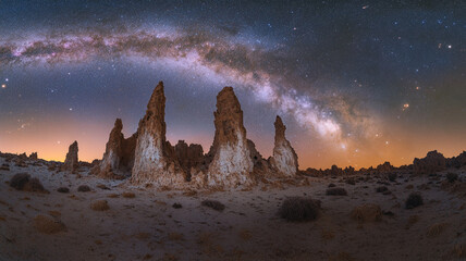 stunning view of the milky way arching over desert rock formations at dawn