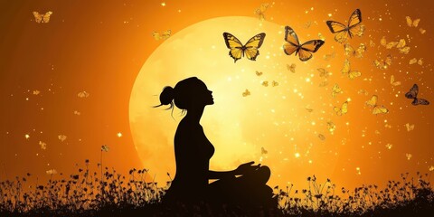 A woman sits in a field with butterflies and a large moon.