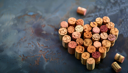 Heart made of wine bottle corks on textured table, closeup